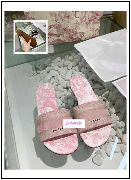 

wholesale new women slippers brand sandals flat designer shoes slide dazzle flowers embroidery sandal floral striped beach slipper, Black