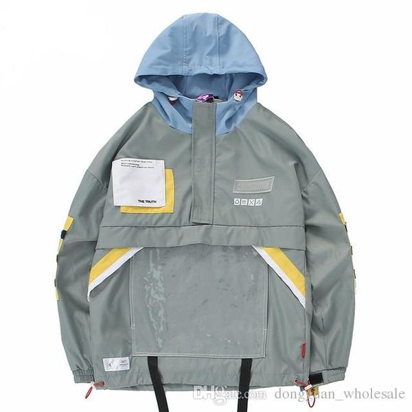 

hip hop streetwear hooded jacket 2019 spring mens harajuku jacket windbreaker multi pocket buckle track jacket coat swag ribbon, Black;brown