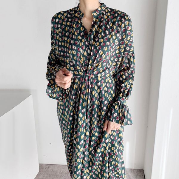 

ewq]spring 2020 color-print v-neck pleated high-waist flared sleeve irregular dress korea style loose vintage women dress qz002, Black;gray