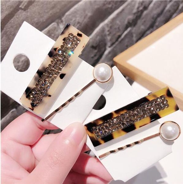 

2019 fashion leopard acetic acid hairpins shiny rhinestones imitiation pearl hair clips hair accessories for women, Golden;white