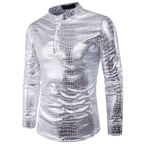 

shiny men's shirt night club men shirt long sleeve slim male chemise homme casual stand collar fitness mens clothes, White;black