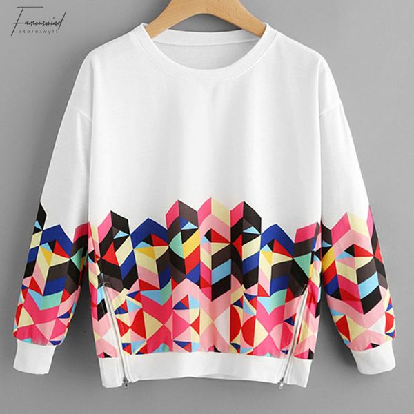 

womens clothes woman hoodie geo print zipper side drop shoulder sweatshirt 2019 female white round neck autumn long sleeve sweatshirt, Black