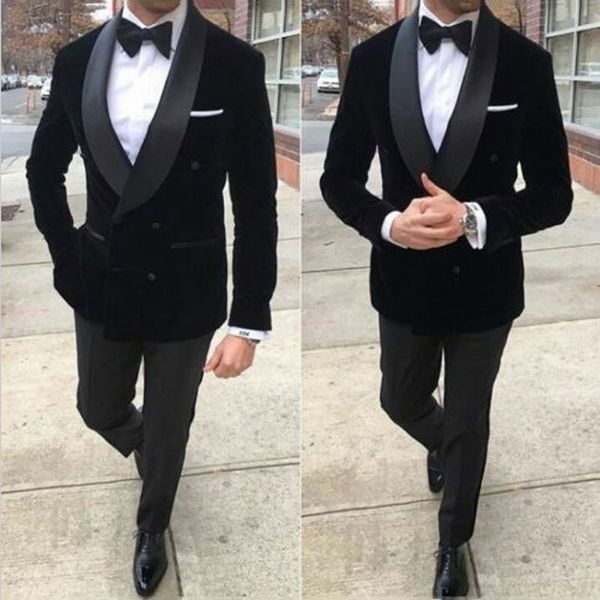 

men suits for wedding velvet prom groom tuxedos black smoking jacket double breasted costume homme terno masculino 2piece trajes de hombre, Black;gray
