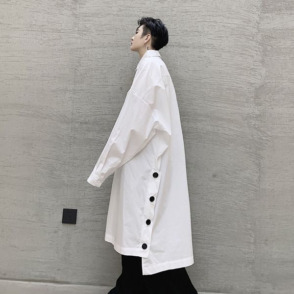 

ewq / men and women's wear tide new side vent button design long shirt loose hit color tide overknee large size 2020 9y996, White;black