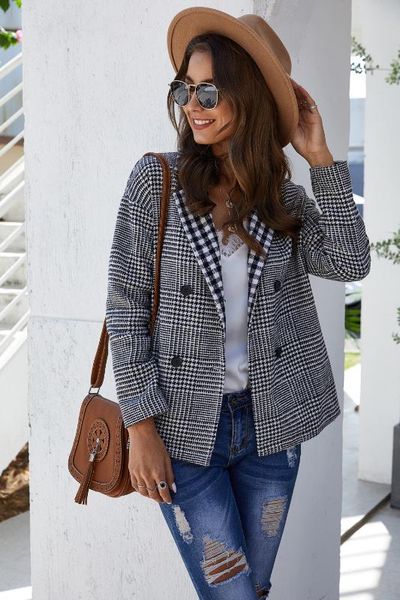 

women fashion double breasted plaid blazer female long sleeve office ladies blazer 2020 spring jacket women outerwear coats, White;black