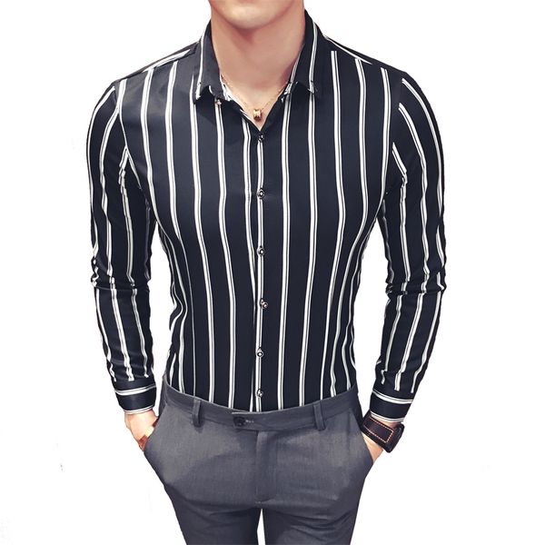 

korean striped shirt men slim fit vintage vertical stripe shirt men long sleeve camisa social masculina chemise homme 4xl 5xl, White;black