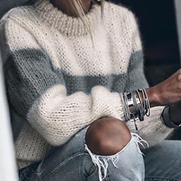 

women's solid color sweater round neck loose knit striped pullover long sleeve autumn winter warm loose soft sweater 2019, White;black