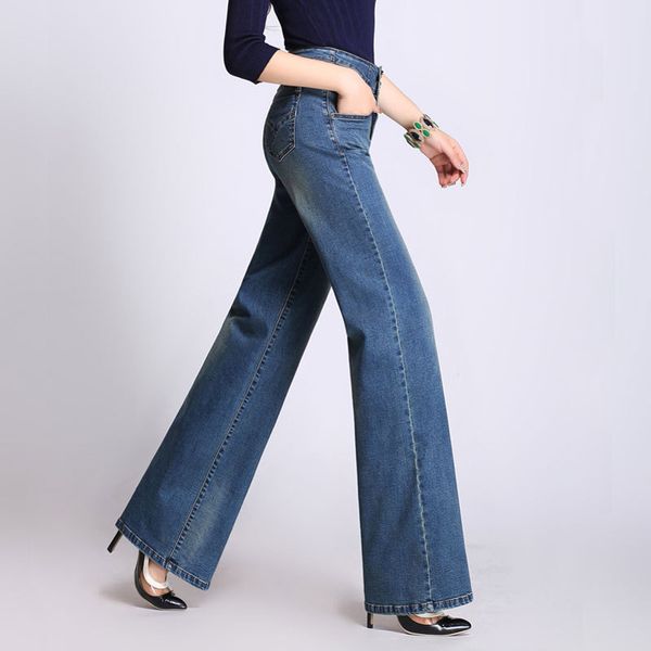 

2020 spring woman jeans brand elegant high waist denim pants casual plus size long flare jeans, Blue
