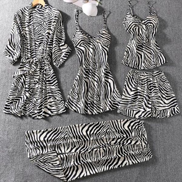 

satin print 5pcs robe set nightwear women silky kimono gown sleepwear nightdress intimate lingerie 2020 new nightgown, Black;red