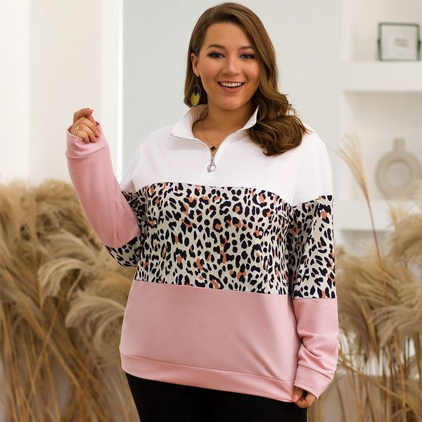 

sholina plus size patchwork leopard hoodies women stand collar zipper sweatshirts woman autumn fashion hooded casual hoodie 2019, Black