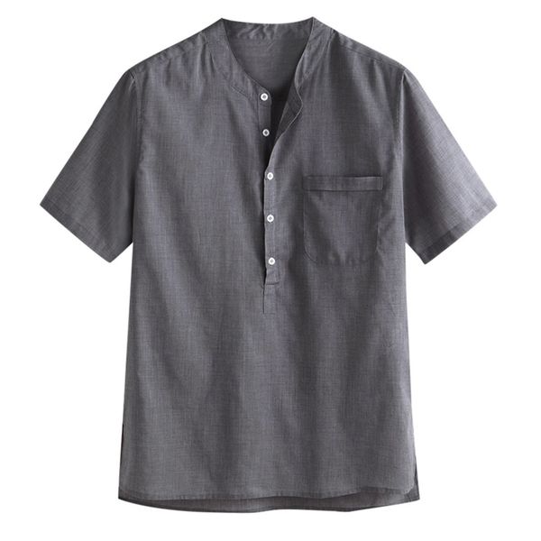 

vogue summer men's cool thin breathable solid color button cotton shirt short sleeve linen shirt male, White;black