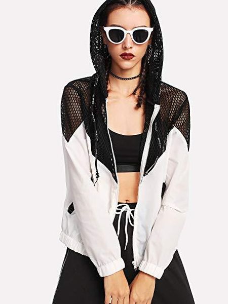 

black and white tape color block crop hooded jacket women casual autumn womens fashion mesh sunscreen sporty outerwear, Black;brown