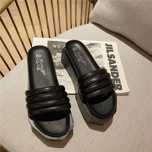 

slippers casual female shoes rubber flip flops lady platform slides 2020 soft hawaiian girl flat pu leisure fashion, Black