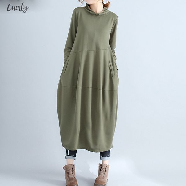 

women long dresses turtleneck cotton ladies elegant vestidos plus size female clothes pleated twill loose 2020 autumn winter, Black;gray