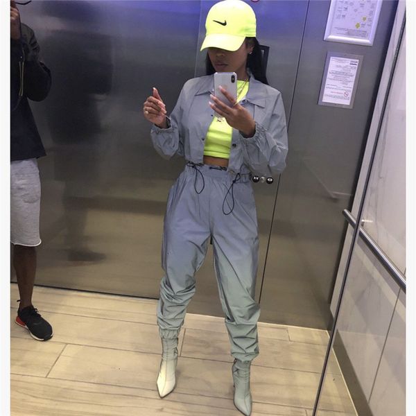 

женщины sexy светоотражающие два брюки часть tracksuit night version кнопки turn down воротник с длинным рукавом crop топ повседневные брюки, White