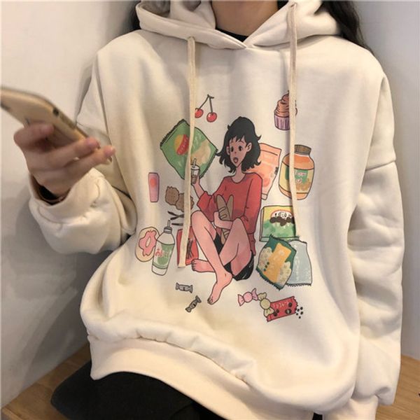 

2 color new harajuku casual sweatshirts cute snack girl print plus velvet women sweatshirt oversized hoodie female pullover, Black
