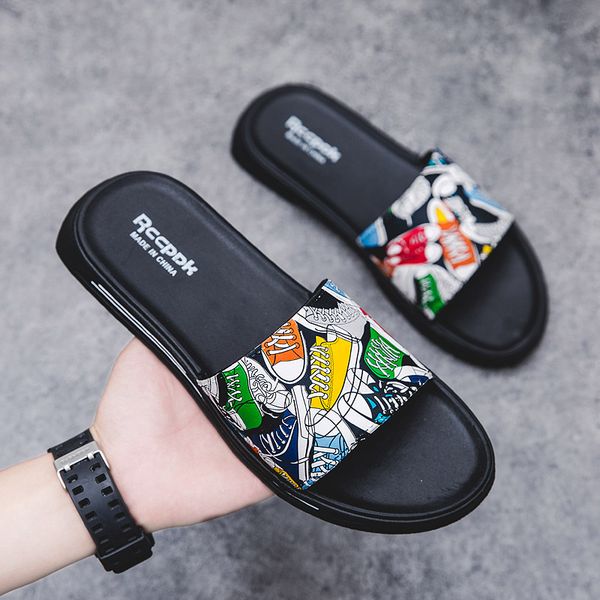 

men's shoes sandals and slippers new summer indoor fashion printing tide brand word slippers anti-skid wear personalized outdoor beach, Black