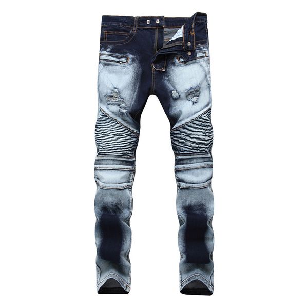 

biker jeans men fashion designer torn ripped white jeans destroyed male slim fit casual pants with zipper streetwear trousers, Blue