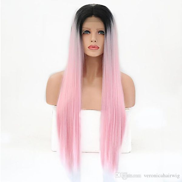 Hot Synthetic Lace Front Wig 2 Tones Ombre Pink Long Straight