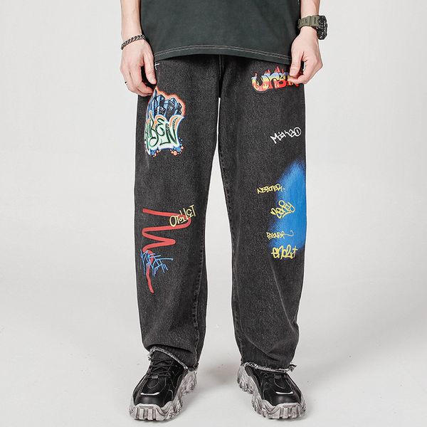 

uncledonjm граффити напечатаны джинсы мужские свободные прямые брюки street casual проблемных джинсы мужчин hd-b055, Blue