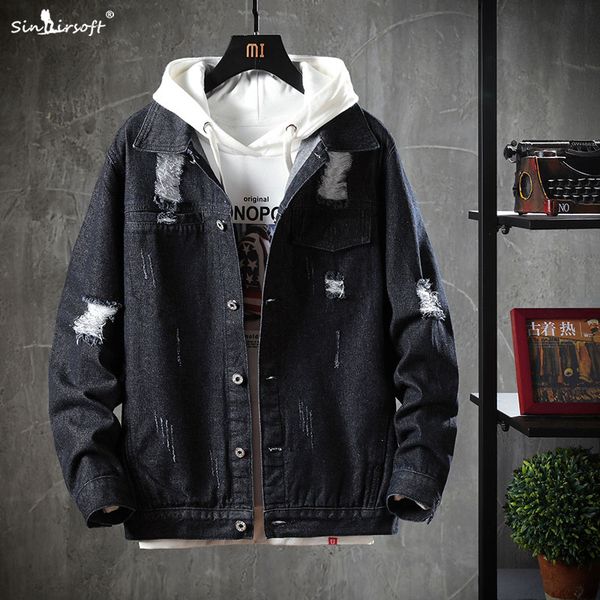 

autumn and winter men's casual denim jacket jacket hole hip hop loose large size korean street trend shirt men m-4xl, Black;brown