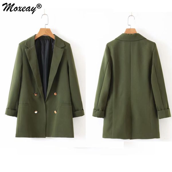 

moxeay double breasted blazer coat suit pocket office ladies women blazers turn down collar long sleeve female 2019 suit coats, Tan;black