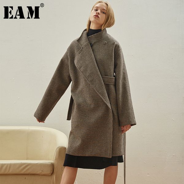 

eam] 2019 new spring lapel long sleeve coffee plaid prited large size belt woolen coat women parkas fashion tide jk597, Black