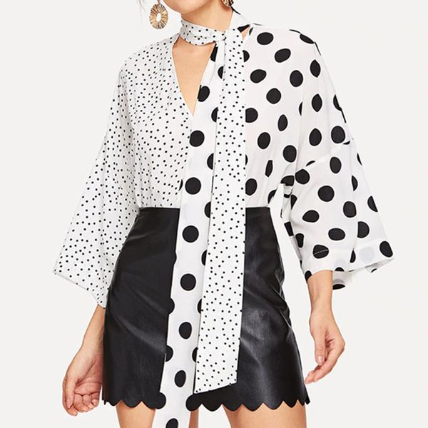 

black white casual womens polka dot print shirts fashion office lady tie neck fashion blouse ropa mujer blusas de moda 2020