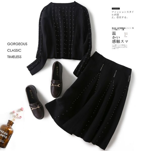 

women designer curved bead knit suit slim slimming beaded sweater a word skirtoxic, Gray