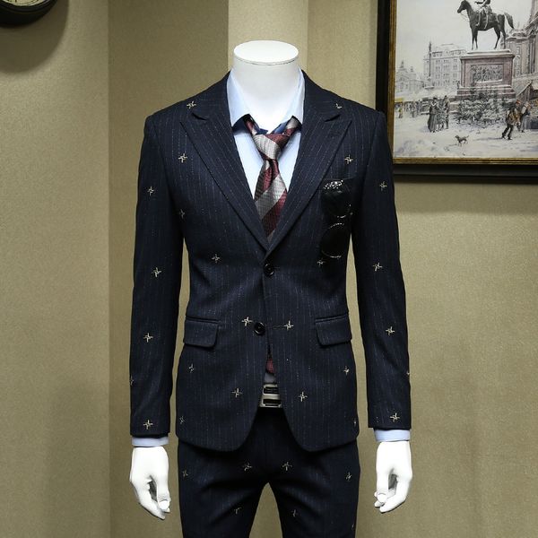 

men's suits & blazers personlity embroidery host gown striped mens slim fit formal wedding dress business three piece sets, White;black