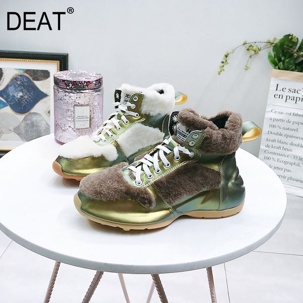 

deat] 2019 round toe bandage mixed colors lamswool spliced pu leather velvet wedges shoes women new autumn winter tide 19i-a107, Black