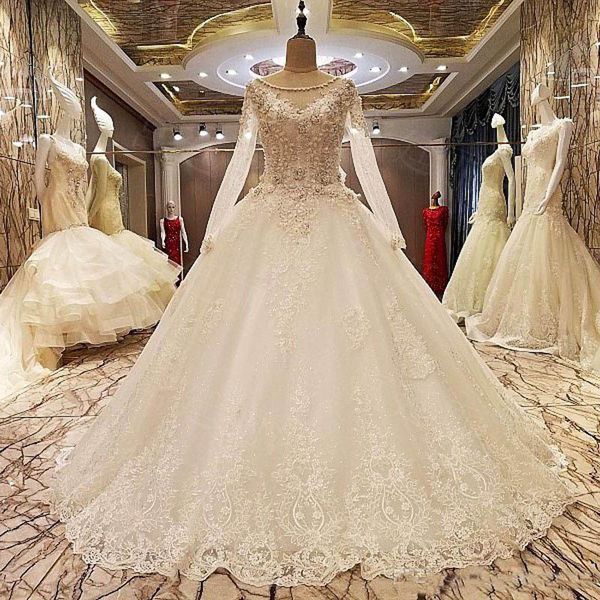 

Actual Image Long Sleeves Lace Wedding Dresses 2019 Appliques Beaded Tulle Puffy Princess Bridal Dresses Wedding Gowns