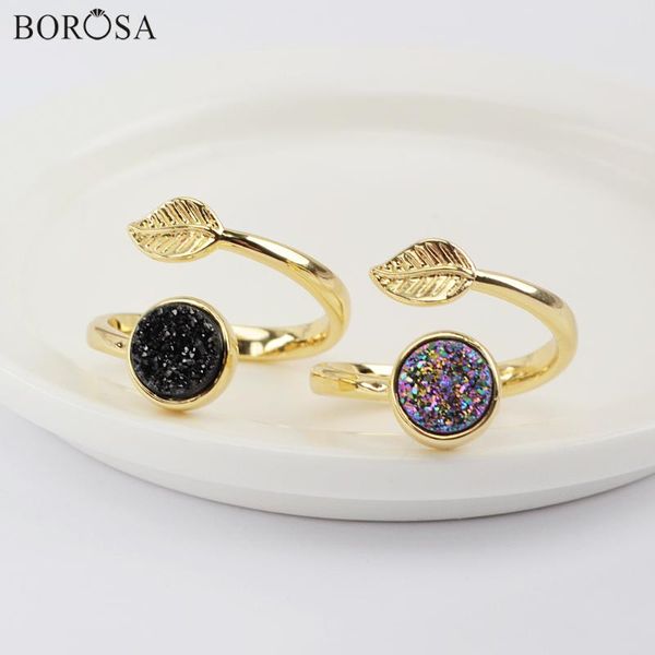

borosa natural agates titanium druzy open ring 5/10pcs gold leaf adjustable drusy rings jewelry women trendy party gifts zg0437, Golden;silver