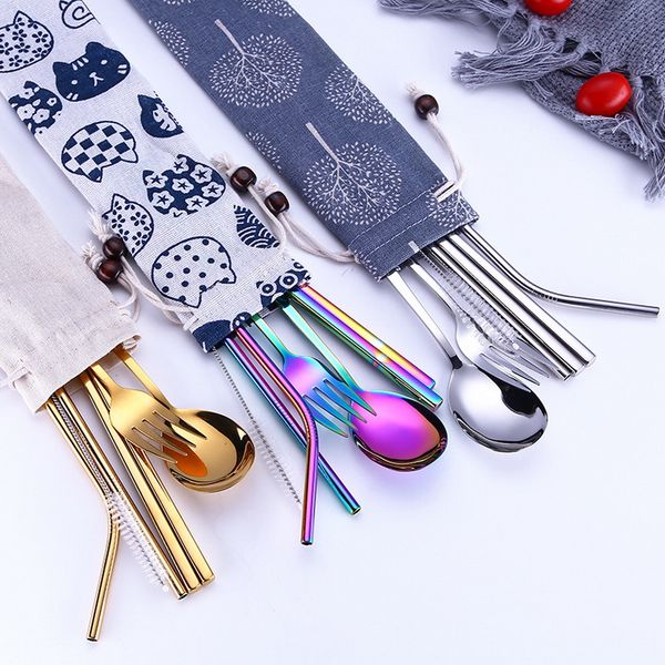 

5 pcs/set stainless steel fork spoon chopsticks travel camping lunch cutlery tools outdoor tableware camping flatware set