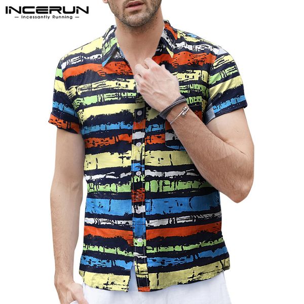 

incerun summer printing men hawaiian shirt short sleeve lapel breathable collar blouse button fashion vacation casual shirts men, White;black