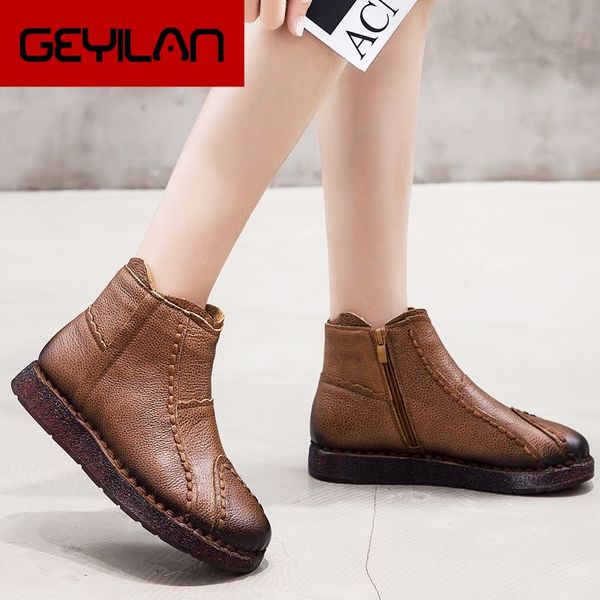 

women retro boots fashion handmade ankle boots genuine leather flat comfort soft bottom female casual shoes women, Black