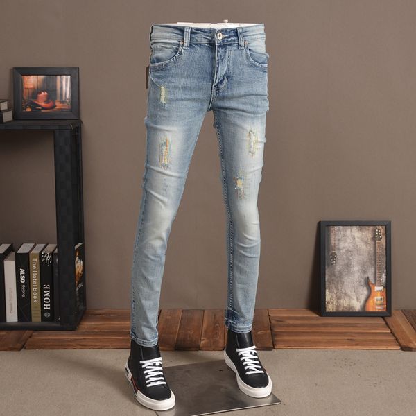 

2020 new jeans men fashion distressed slim fit jean korean style wash cotton denim pants, Blue