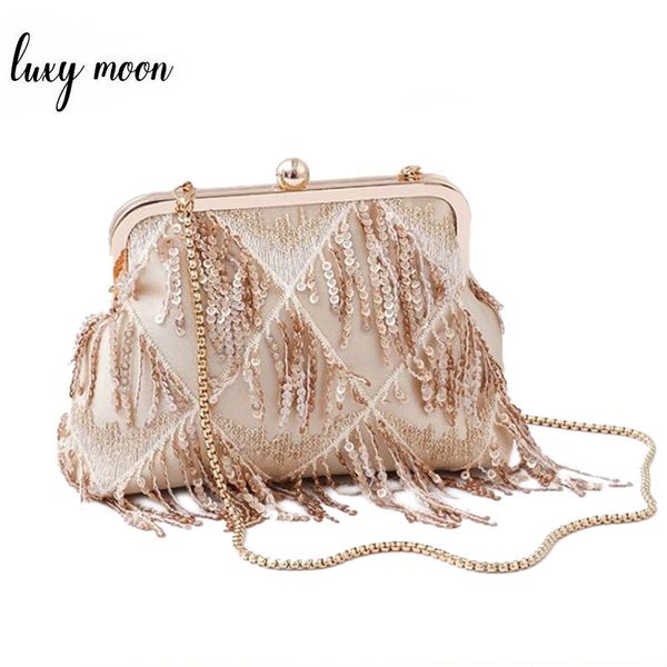 

elegant champagne lady shoulder bag fashion sequined tassel women clutch bag female metal chain handbag banquet party purse