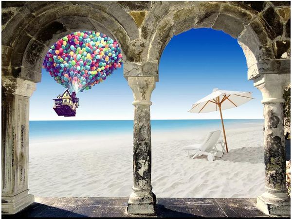 

3d p wallpaper high-end custom mural silk wall sticker blue sky sea balloon archway beach lounger mediterranean wall