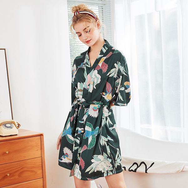 

green 2019 summer women's sleep robe nightgown yukata lady rayon mini kimono bath gown sleepwear bathrobe pijama mujer -xxl, Black;red