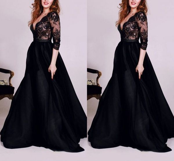 

black lace plus size prom dresses with sleeves deep v-neck a-line empire waist dresses evening wear formal dress for women long, Black;red