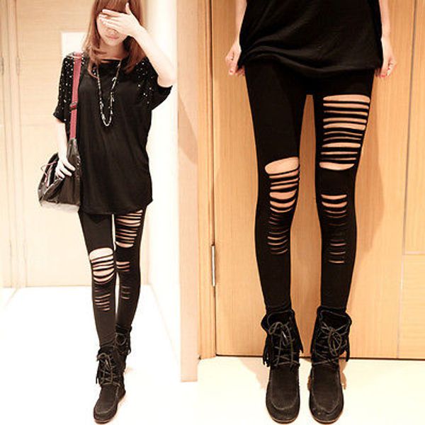 

Sexy Women Full Length Goth Punk Slashed Ripped Cut Out Slit Stretchy Black Pants Casual Leggings