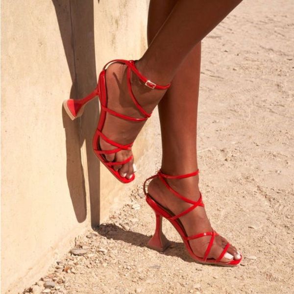 

2020 summer new elegant women starnge high heels sandals nude black red designer gladiator sandals tacones party shoes plus size