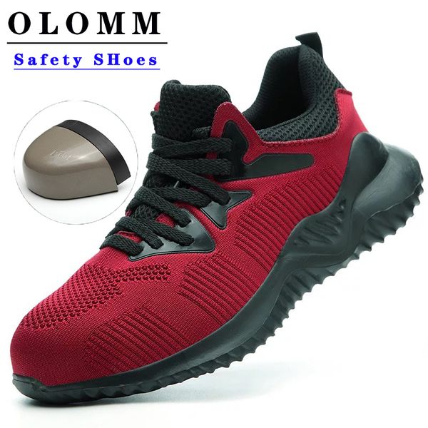 

olomm safety shoes men steel toe cap sneakers breathable outdoor anti-slip steel puncture proof construction boots work shoes, Black
