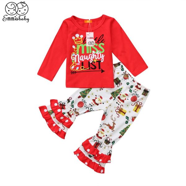 

new lovely babies kid outfits christmas kids baby girl xmas santa long sleeve ruffles print pants cute outfit set clothes, White