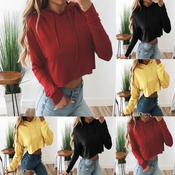 

new arrived solid color sudadera mujer fashion women long sleeve drawstring sweatshirt hooded solid pullover blouse bluza#7, Black