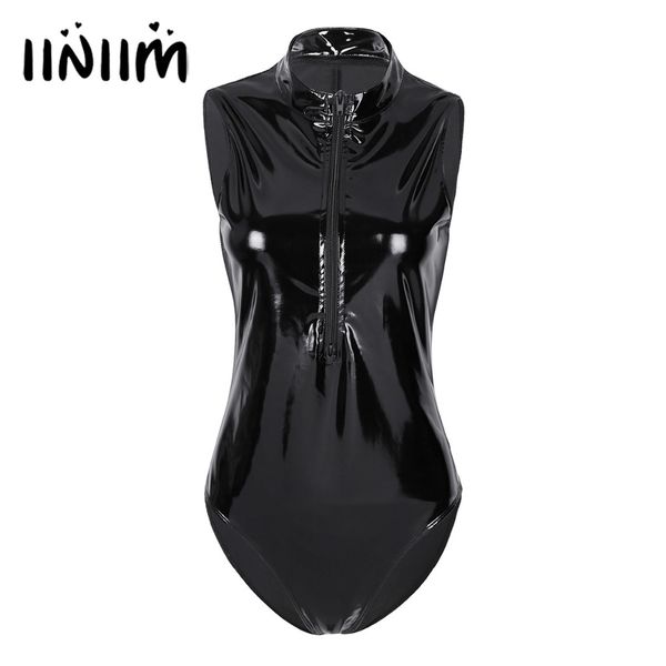 

iiniim женщин high cut wetlook bodycon лакированной кожи бюста zipper трико bodysuit sexy short bodystocking комбинезон sexy clubwear, Black;white