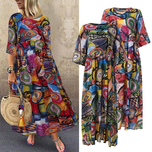 

zanzea 2020 fashion printed maxi dress womens summer sundress vintage 3/4 sleeve long vestidos female casual party robe femme, Black;pink