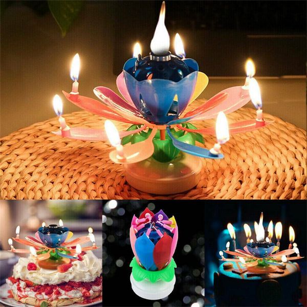 Presente de aniversário do bolo de aniversário mágica coloridos pétalas Lotus Flower Decoração da vela Blossom Musical Rotating Partido bonito