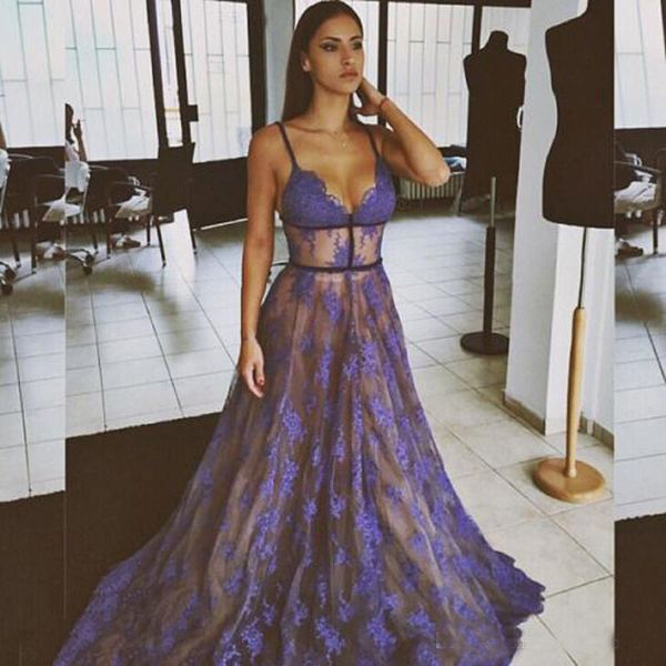 

New Lace Prom Dresses Long 2019 Sexy See Through Arabia Dresses Maxi Gowns Sheer Evening Party Dress For Graduation Gown